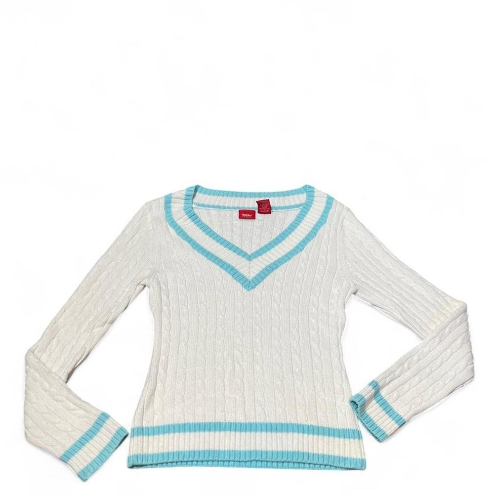 y2k White and blue striped v neck sweater with blue trim on neckline and cuffs